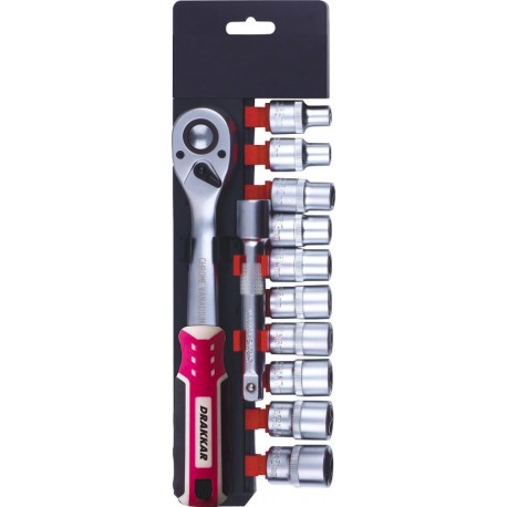 Cliquet 1/2" 72 dents avec 10 douilles de 10 à 24mm  DRAKKARTOOLS 67596et rallonge - présentoir de 12pc